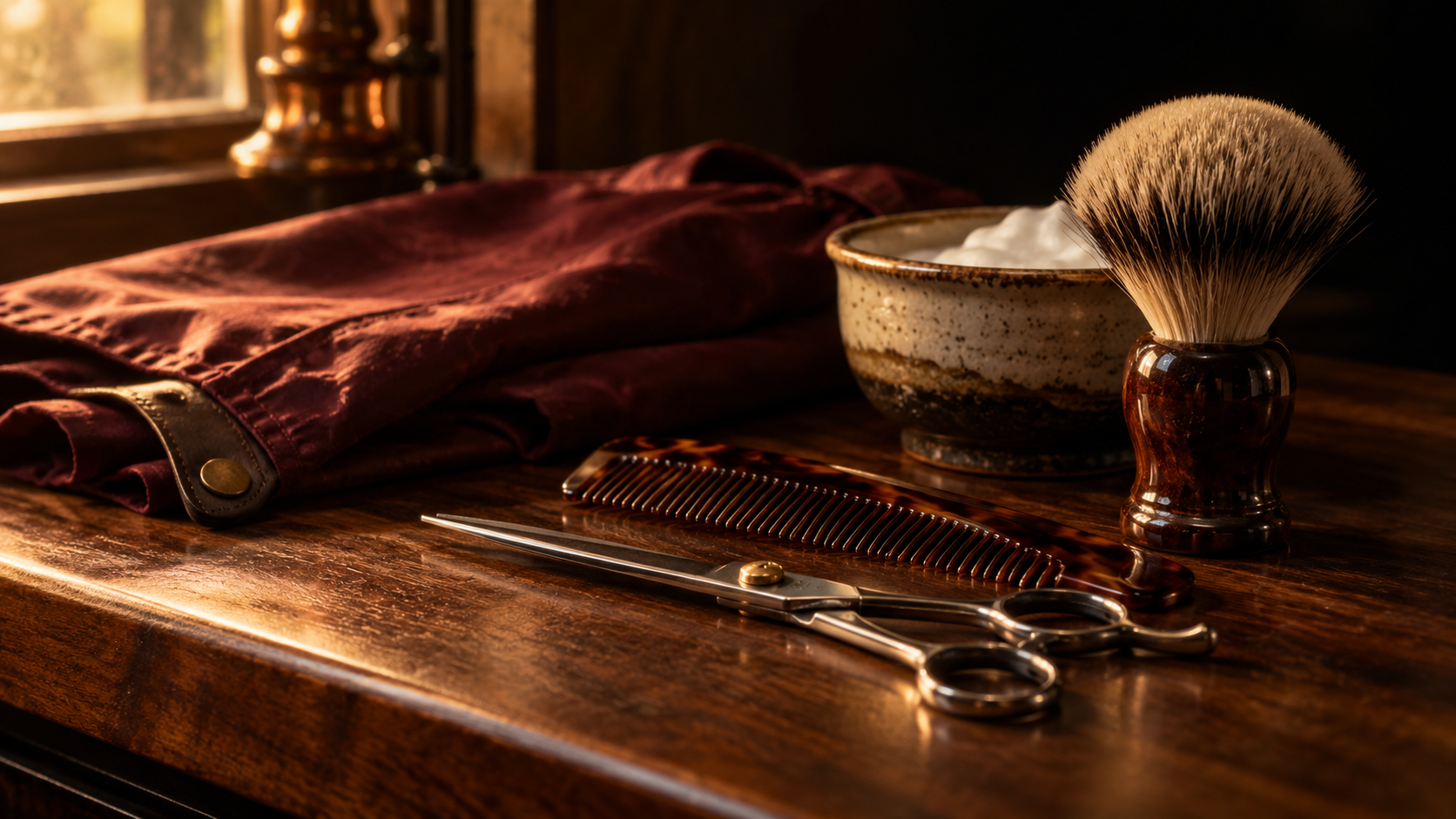Illustrative barber tools on a walnut counter beside a folded oxblood cape