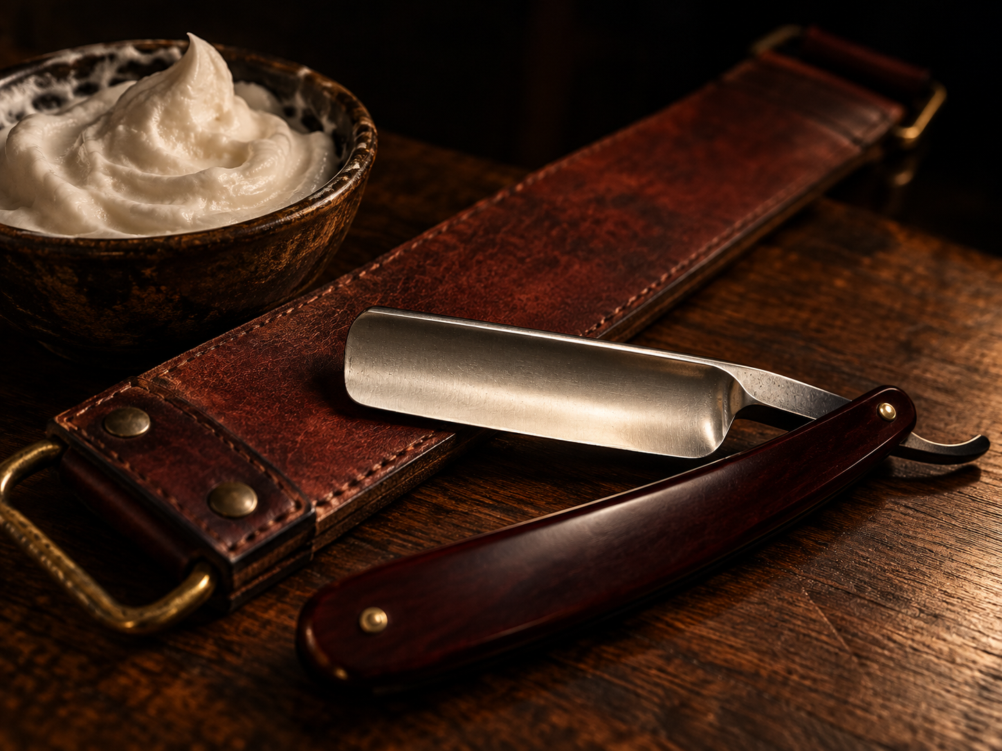 Illustrative straight razor and strop on dark wood with shaving lather